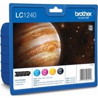 Brother LC1240 Multipack BCMY ink cartridges in blue box with planet image and color labels on front.
