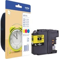 Brother LC125XL ink cartridge multipack, black casing, yellow label, cyan, magenta, yellow colors, clock image on box.