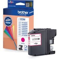 Brother LC223 magenta ink cartridge with black casing and pink label, next to colorful branded packaging.