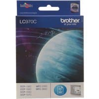 Brother LC970C Cyan Ink Cartridge, blue planet design on box, compatible with DCP and MFC printers.