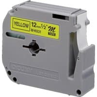 Gray Brother P-Touch MK631BZ 12mm tape cartridge, black on yellow label, compact design with visible spool mechanism.