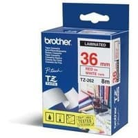 Brother P-Touch TZE262 36mm gloss tape, red on white, in blue box with product details and images on front.