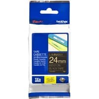 Brother P-Touch TZE354 tape, 24mm, gold text on black, in blue and white packaging with product image.