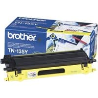 Brother TN-135Y Yellow Toner Cartridge with black top, yellow base, and branded packaging in the background.