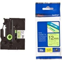 Brother TZEC31 tape cassette, 12mm, fluorescent black on yellow, black casing with green spool, blue packaging.