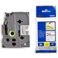 Brother TZES151 24mm tape cartridge, black on clear, with gray casing and packaging showing tape details.