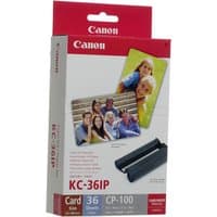 Canon KC-36IP ink and paper pack, red and white box with photo samples and cartridge image.