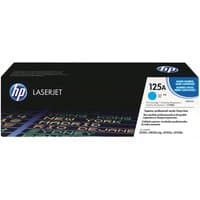 HP 125A cyan toner cartridge in black box with blue accents and HP logo.