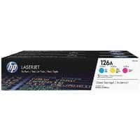 HP 126A C/M/Y toner pack, black box with HP logo, colorful cartridge images, LaserJet text.