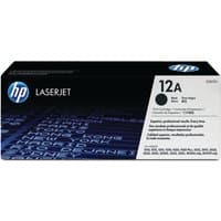 HP 12A Black Toner Cartridge Dual Pack, black box with HP logo and product details in white text.