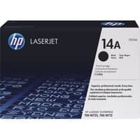 Black HP 14A toner cartridge box with blue text and HP logo, compatible with LaserJet printers.