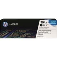 HP 304A Black Toner Cartridge Dual Pack, rectangular black box with HP logo and product details on the side.