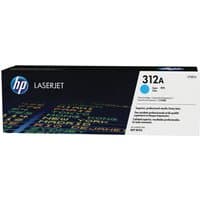 HP 312A Cyan Toner Cartridge box, black with blue HP logo and colorful text pattern.