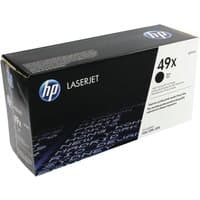HP 49X black toner cartridge box with blue HP logo and white text on black background