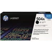 Black HP 504A toner cartridge box with blue HP logo and white text, featuring product details and compatibility.