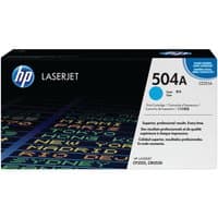 HP 504A Cyan Toner Cartridge, black box with blue accents, HP logo, and product details in white text.