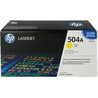 HP 504A yellow toner cartridge box with blue HP logo and colorful text design.