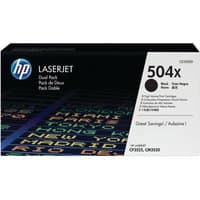 HP 504X Black Toner Cartridge Dual Pack in black box with colorful text and HP logo.