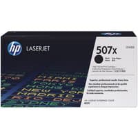 Black HP 507X toner cartridge box with white label, blue HP logo, and colorful text design.