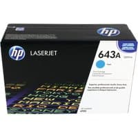 HP 643A Cyan Toner Cartridge box, black with blue accents and HP logo, for LaserJet printers.