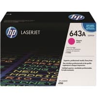 HP 643A Magenta Toner Cartridge box, black with HP logo, magenta dot, and text detailing.