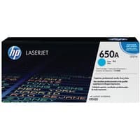 HP 650A cyan toner cartridge in black box with blue accents and white text detailing model CE271A.