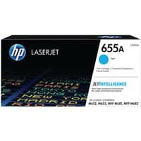 Black HP 655A Cyan Toner Cartridge box with blue accents, JetIntelligence branding, and LaserJet logo.