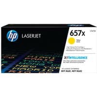 HP 657X yellow toner box with JetIntelligence logo, black packaging, and blue HP branding.