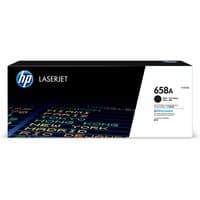 HP 658A Black Toner Cartridge box, black and white design with HP logo and colorful text graphics.
