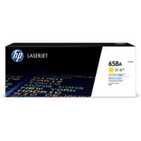 HP 658A Yellow Toner Cartridge box with black and white design, colorful text graphics, and HP logo.