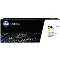 HP 659A Yellow Toner Cartridge box, black with colorful text design and HP logo, for LaserJet printers.