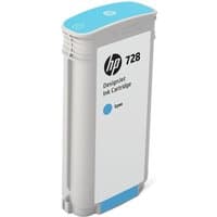 HP 728 cyan ink cartridge, rectangular with blue top and bottom, HP logo and text on white label.