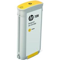 HP 728 yellow ink cartridge, high capacity, with gray body and yellow top, HP logo and product details on label.