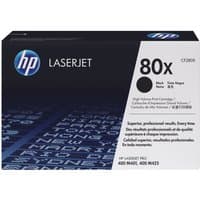 Black HP 80X toner cartridge box with blue HP logo and white text detailing high capacity and LaserJet compatibility.