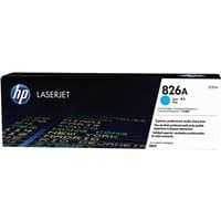 HP 826A Cyan Toner Cartridge in black box with colorful text and HP logo.