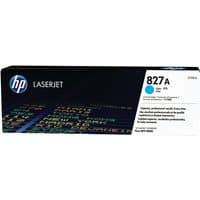 HP 827A Cyan Toner Cartridge in black box with blue HP logo and colorful text design.