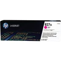 HP 827A Magenta Toner Cartridge in black box with colorful text and HP logo.