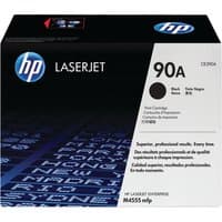 Black HP 90A toner cartridge box with blue HP logo and white label displaying model CE390A and text details.