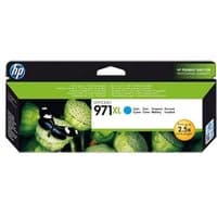 HP 971XL Cyan Ink Cartridge in black and green box with blue text and 2.5x more pages badge.