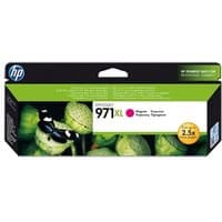 HP 971XL magenta ink cartridge in black box with green fruit image and butterfly design.