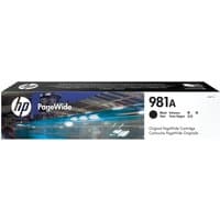 HP 981A black ink cartridge box with PageWide branding and futuristic design elements.