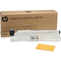 HP CE980A Toner Collection Unit, translucent plastic with black cap, includes cardboard box and yellow cleaning cloth.
