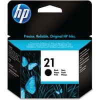 HP No. 21 black inkjet cartridge in black and cyan packaging with butterfly design and HP logo.