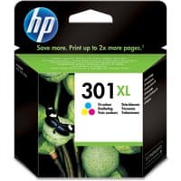 HP No.301XL Tri Colour Ink Cartridge in black packaging with green accents and colorful print icons.