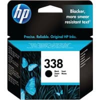 HP No. 338 black inkjet cartridge in blue and black packaging with butterfly design and HP logo.