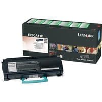 Black Lexmark toner cartridge with blue handle, next to branded box featuring product details and colorful graphics.