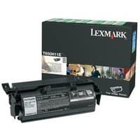 Black Lexmark toner cartridge with white label, next to a black box with Lexmark branding and colorful graphics.