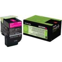 Black Lexmark 802XM magenta toner cartridge with green top, next to matching black and green packaging box.