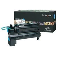 Lexmark C792A1CG cyan toner cartridge, black casing with blue handle, next to branded box with colorful graphics.