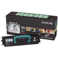 Black Lexmark E250A11E toner cartridge with teal handle, beside a black box featuring colorful graphics.